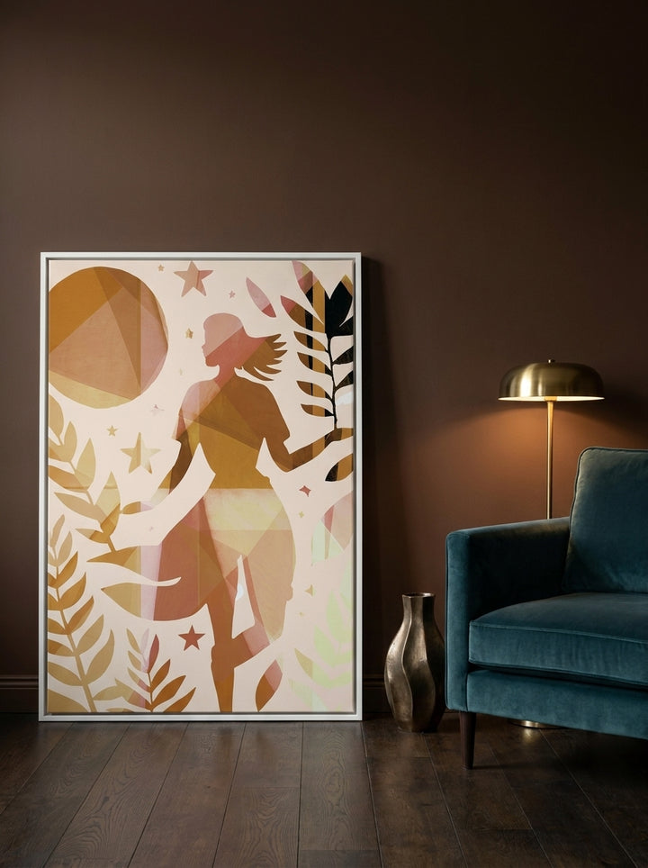 Canvas wall art with a white surround leaning against the wall in a moody home office