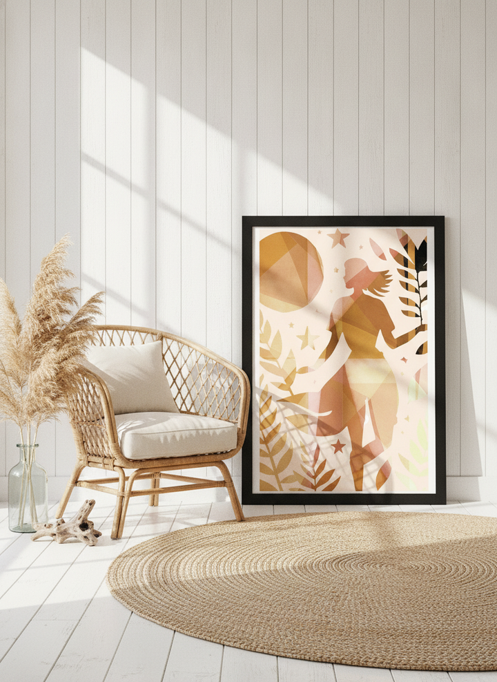 Modern wall art print leaning against the wall in a coastal home office