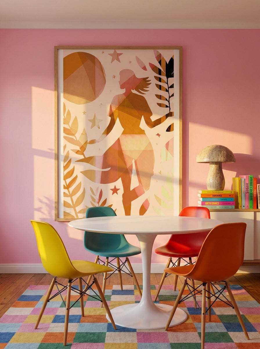 Oversized statement modern wall art print styled on the wall in a colourful eclectic dining room