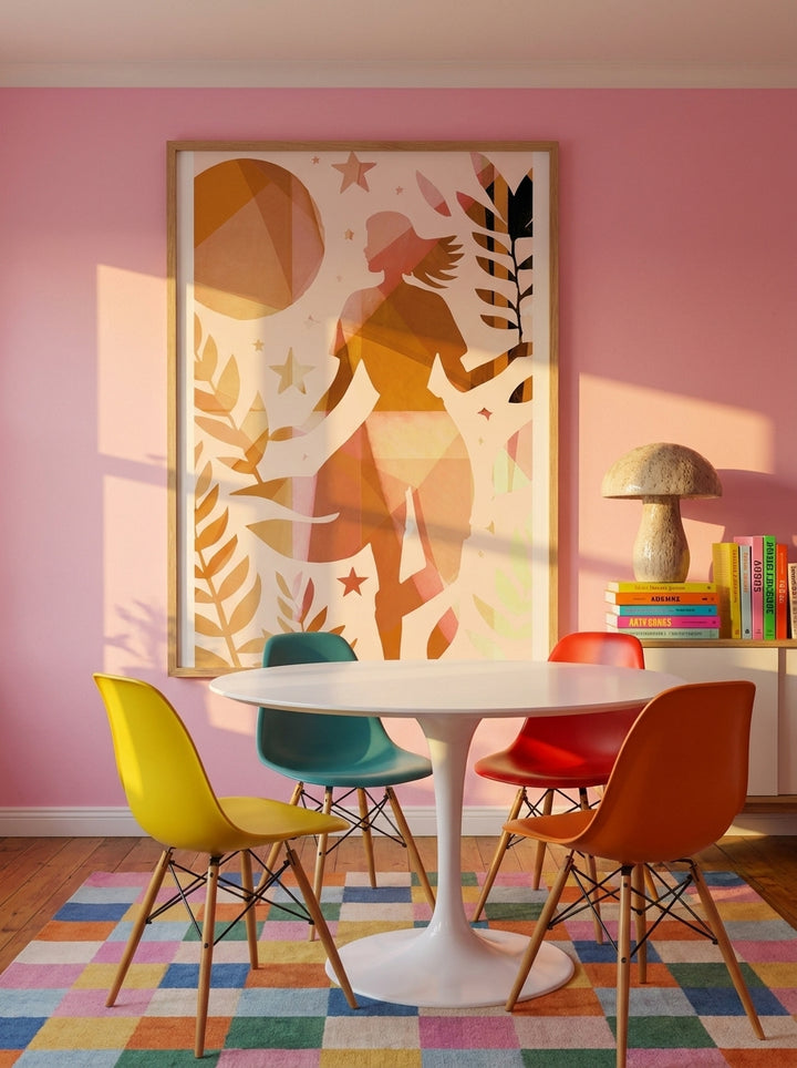 Oversized statement modern wall art print styled on the wall in a colourful eclectic dining room