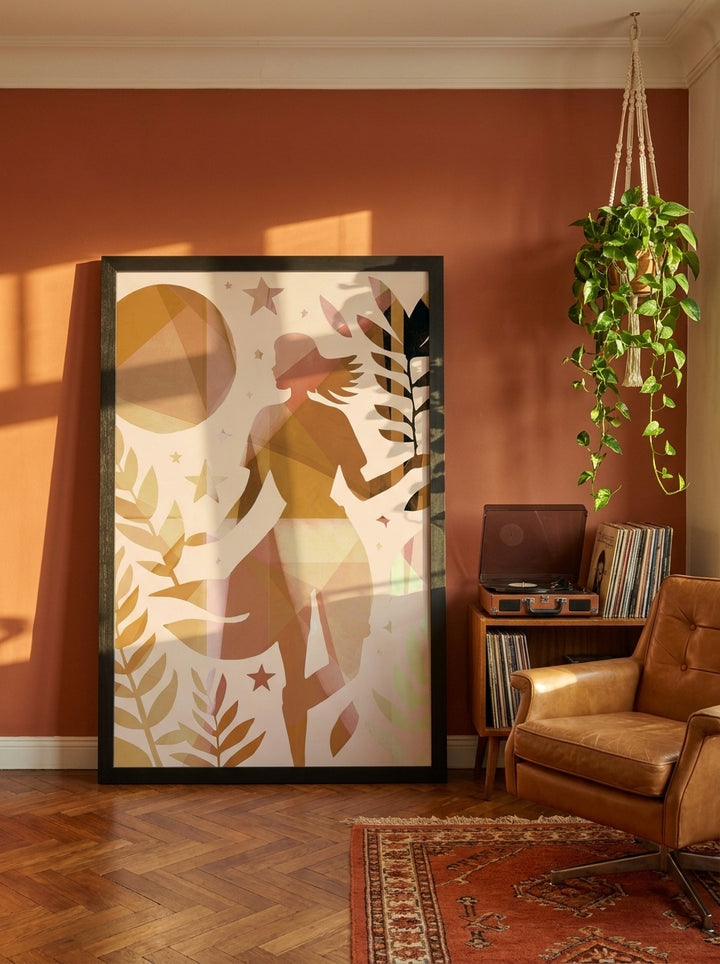 Oversized statement modern wall art print leaning against the wall in a retro 70s living room