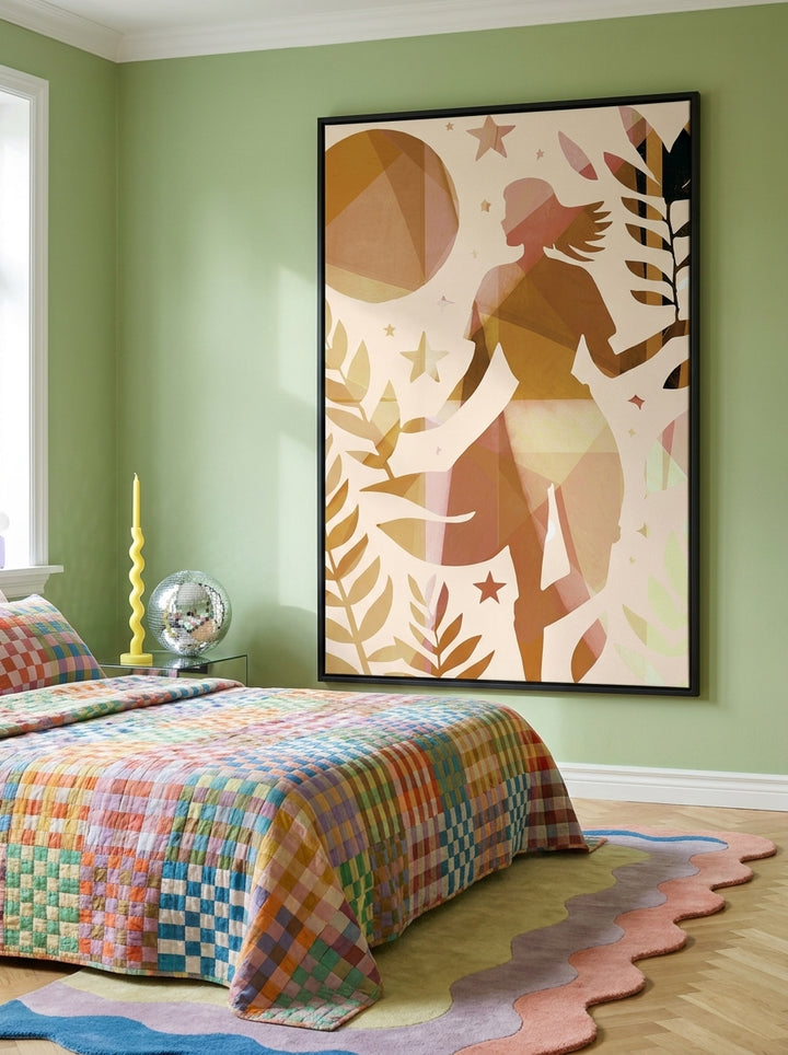 Oversized statement canvas wall art with a black surround styled on the wall in a colourful eclectic bedroom