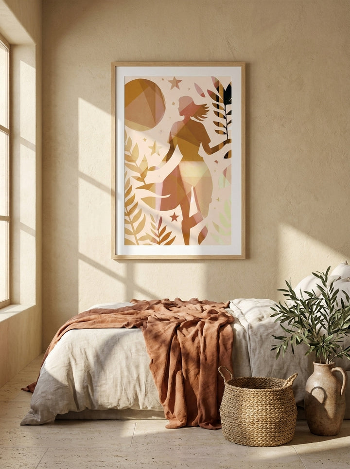 Modern wall art print styled on the wall in a Mediterranean bedroom