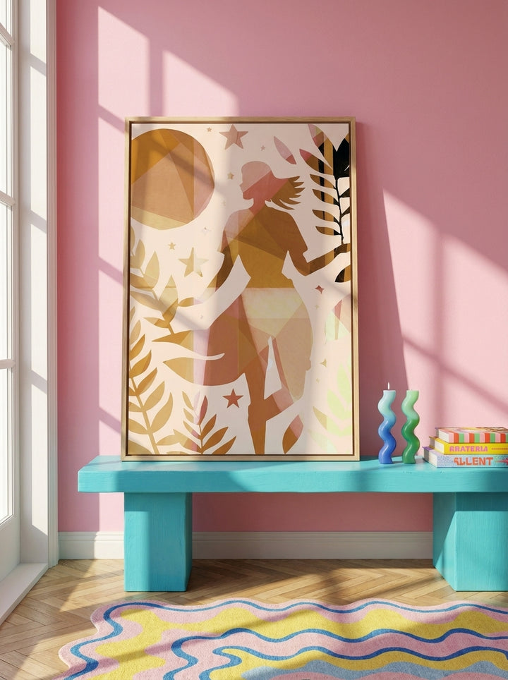 Canvas wall art with a natural timber surround standing on a side table in a colourful eclectic nursery
