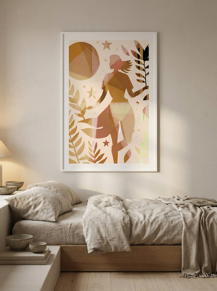 Modern wall art print styled on the wall in a warm Japandi bedroom