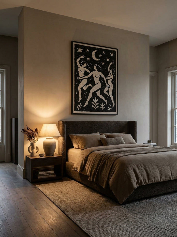 Oversized statement modern wall art print styled on the wall in a luxe bedroom
