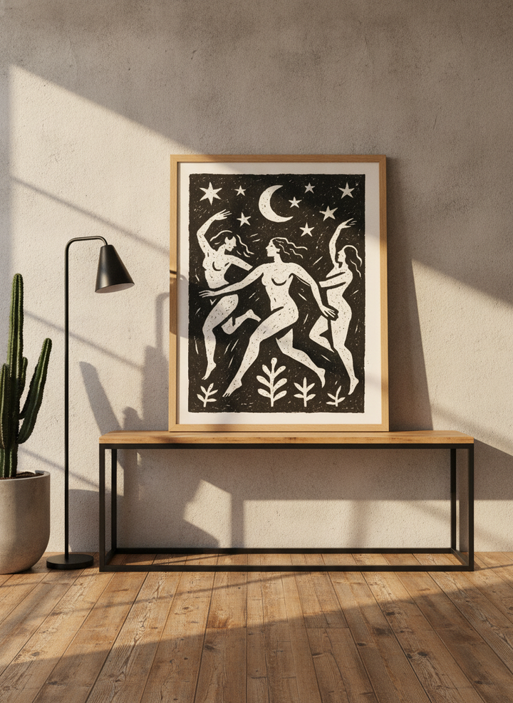 Modern wall art print standing on a console in an industrial loft home office
