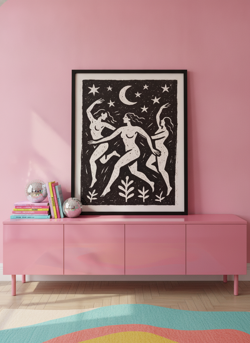 Modern wall art print standing on a sideboard in a colourful eclectic bedroom