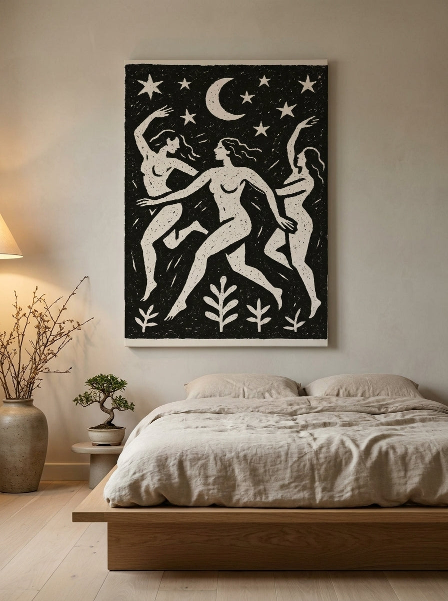Stretched canvas wall art styled on the wall in a warm Japandi bedroom