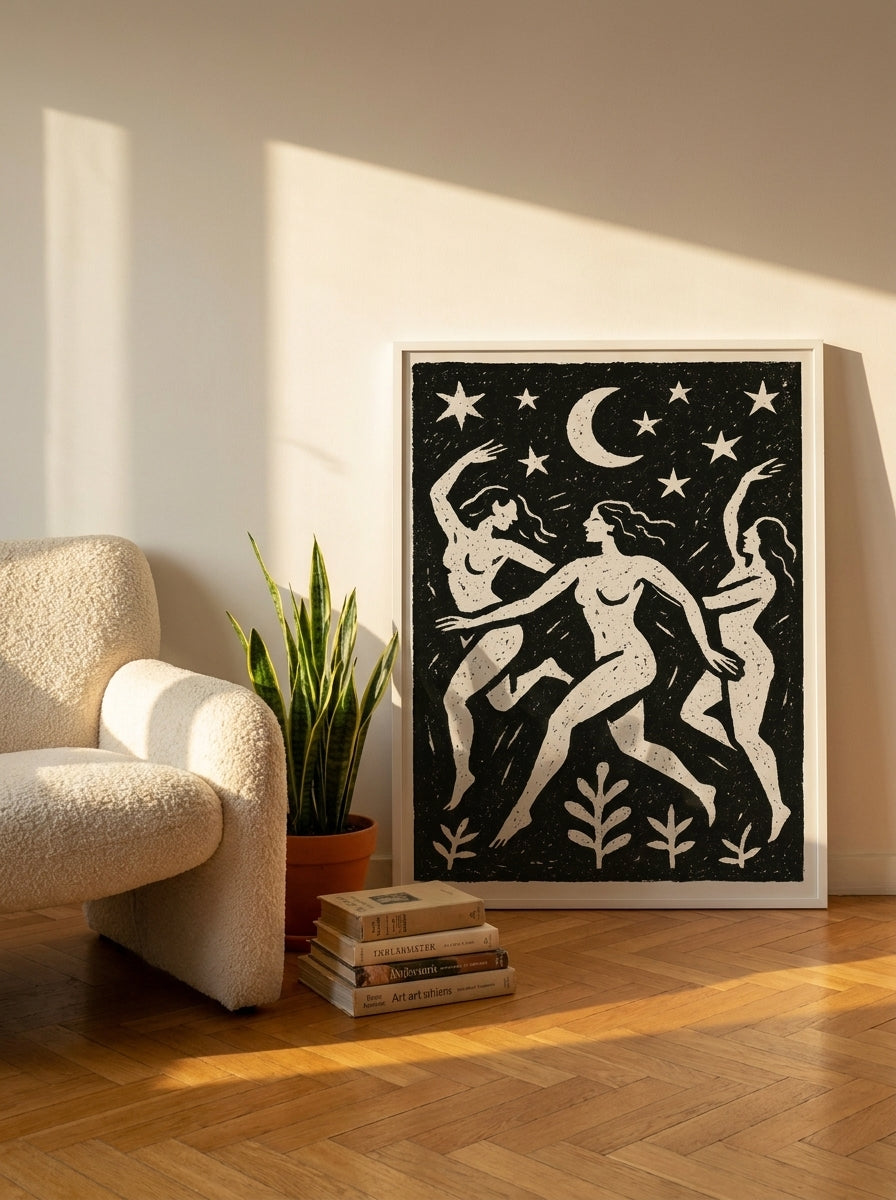 Modern wall art print leaning against the wall in a mid-century living room
