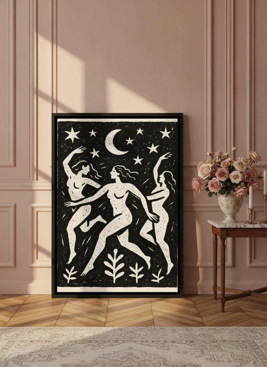 Canvas wall art with a black surround leaning against the wall in a Parisian home office