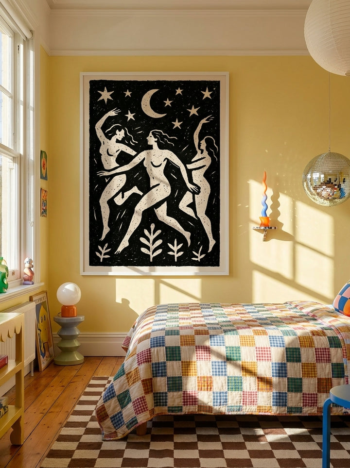 Oversized statement modern wall art print styled on the wall in a colourful eclectic bedroom
