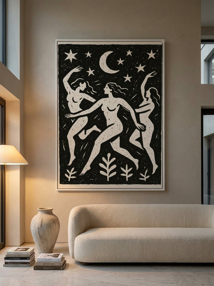 Oversized statement canvas wall art with a white surround styled on the wall in a luxe living room