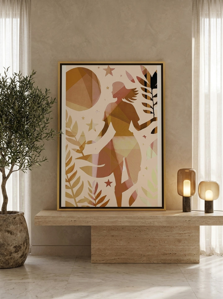 Canvas wall art with a gold leaf surround standing on a console in a luxe bedroom