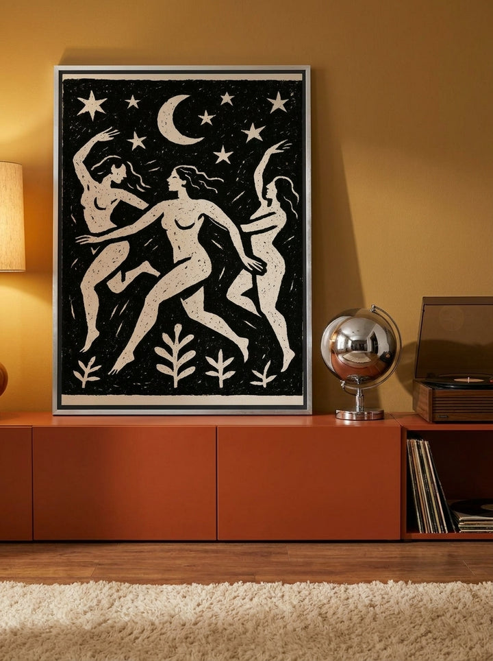 Canvas wall art with a silver leaf surround standing on a sideboard in a retro 70s bedroom