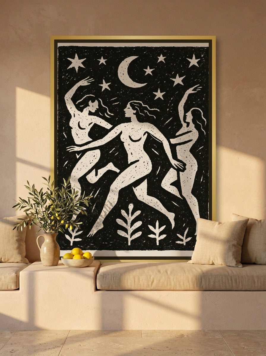 Canvas wall art with a gold leaf surround styled on the wall in a Mediterranean living room