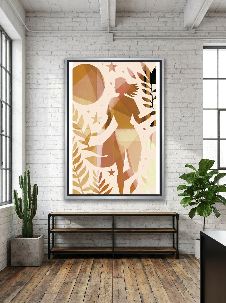 Oversized statement canvas wall art with a silver leaf surround styled on the wall in an industrial loft living room