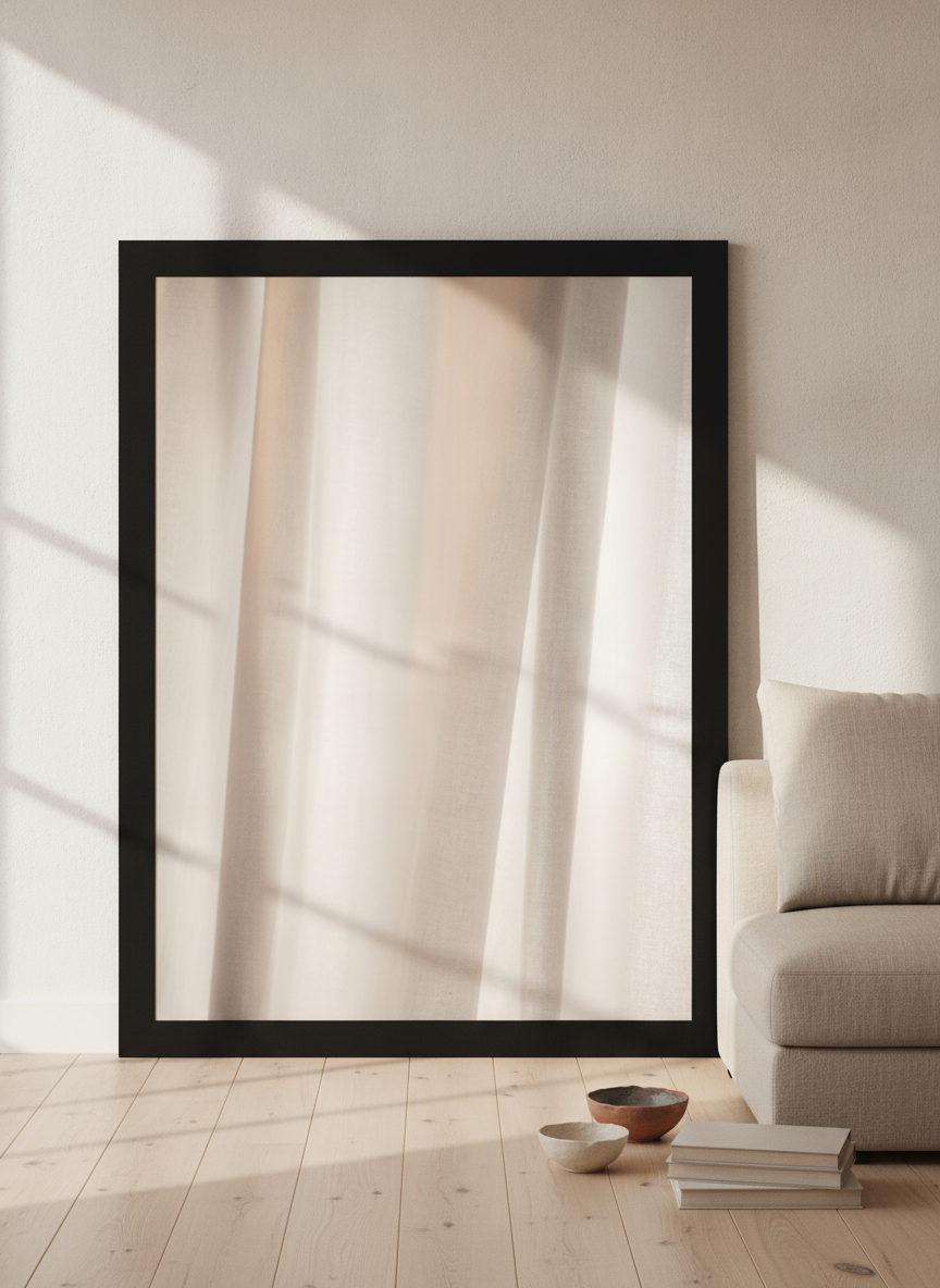 Oversized statement modern wall art print leaning against the wall in a warm Japandi living room