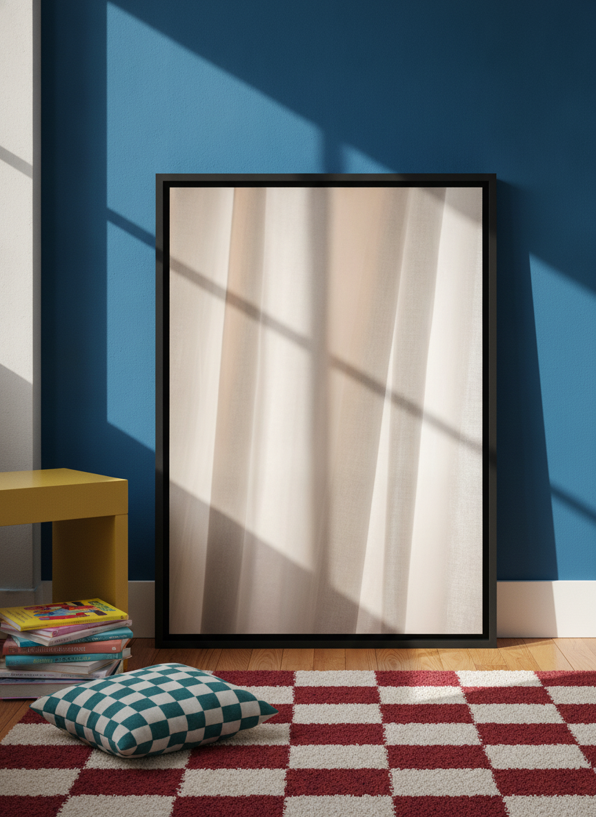 Canvas wall art with a black surround leaning against the wall in a colourful eclectic bedroom