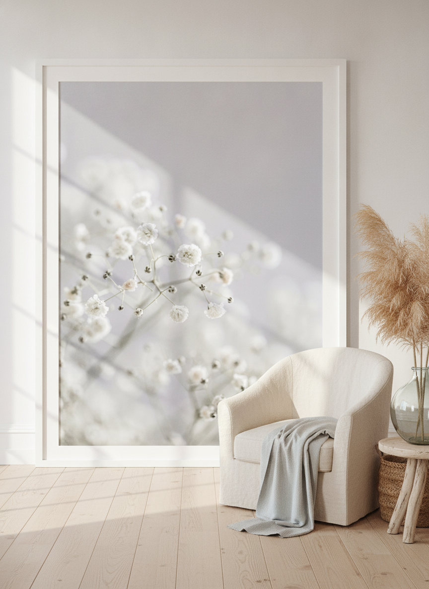 Oversized statement modern wall art print leaning against the wall in a coastal living room