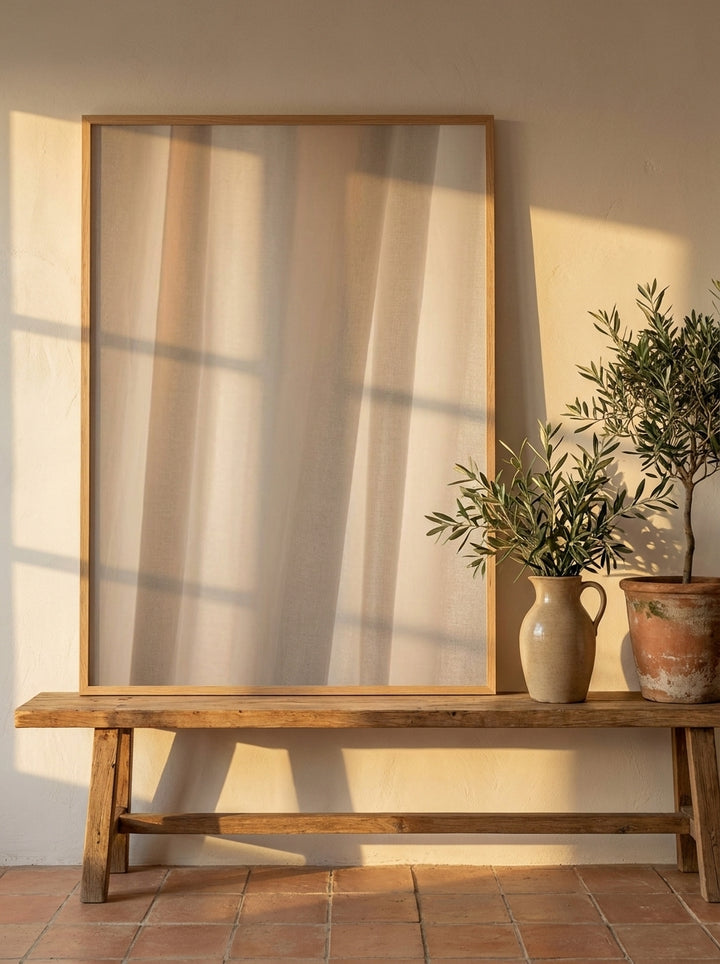 Modern wall art print standing on a bench in a Mediterranean home office