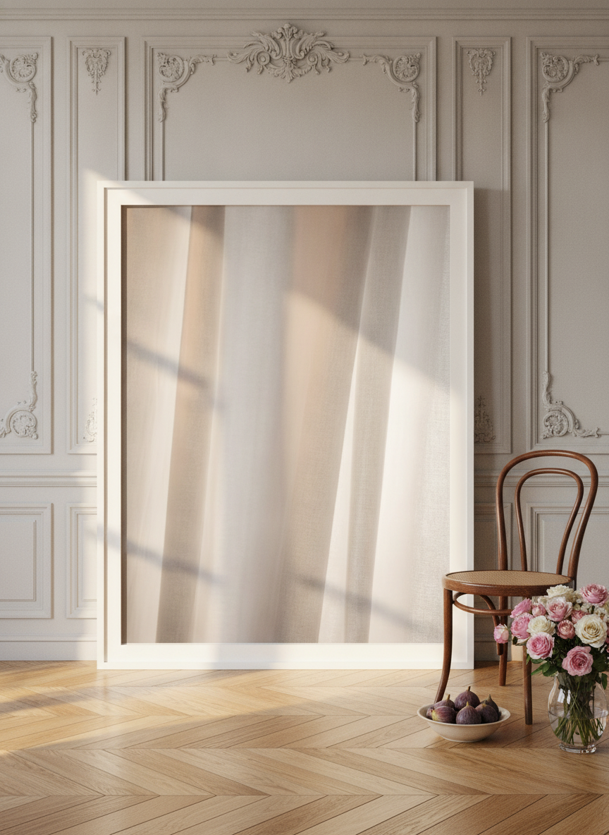 Oversized statement modern wall art print leaning against the wall in a Parisian living room