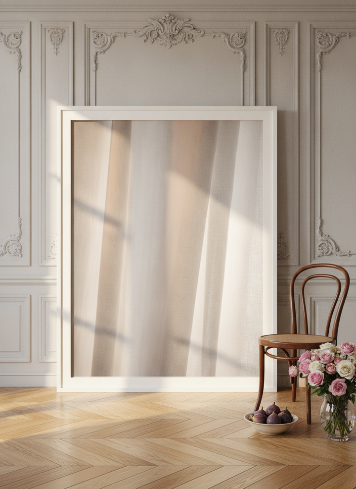 Oversized statement modern wall art print leaning against the wall in a Parisian living room