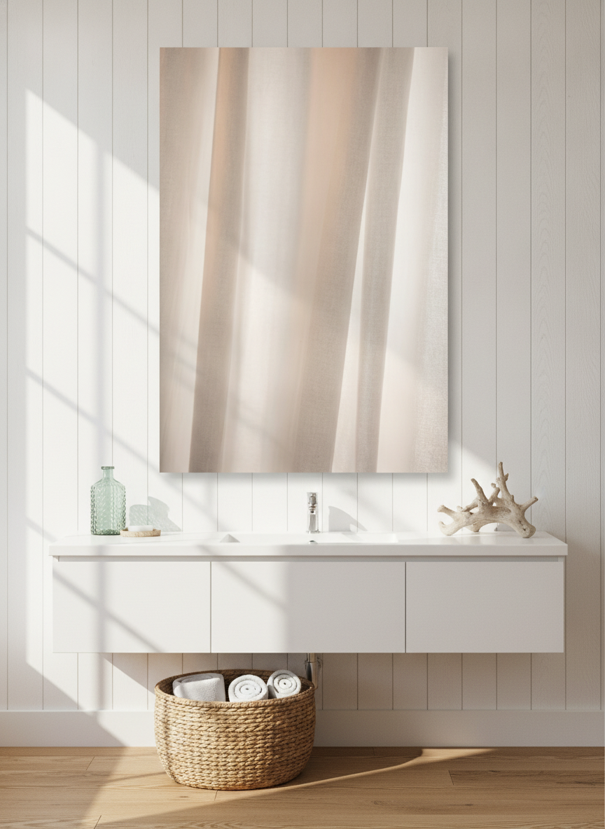 Stretched canvas wall art styled on the wall in a coastal bathroom