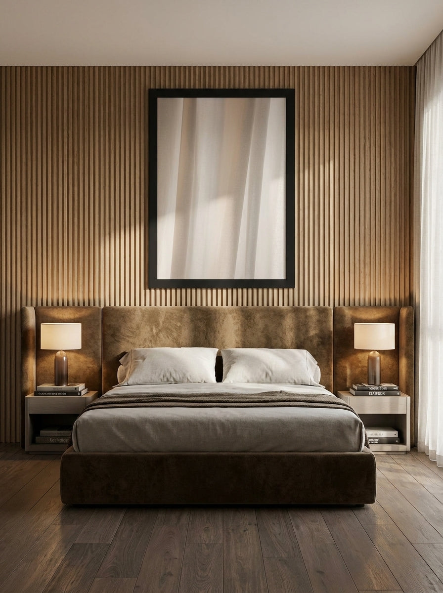 Modern wall art print styled on the wall in a luxe bedroom