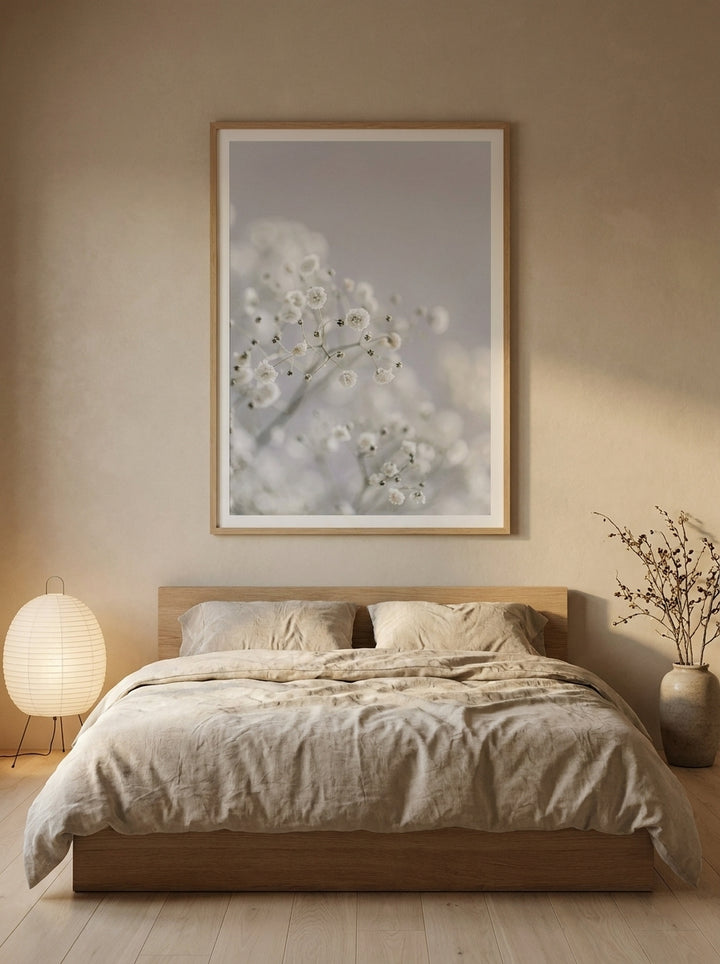 Modern wall art print styled on the wall in a warm Japandi bedroom