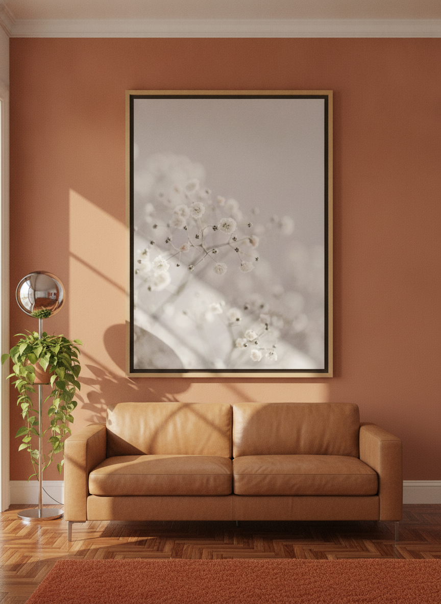 Oversized statement canvas wall art with a natural timber surround styled on the wall in a retro 70s living room