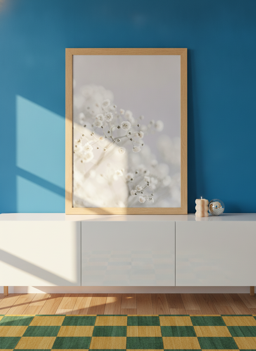 Modern wall art print standing on a sideboard in a colourful eclectic nursery