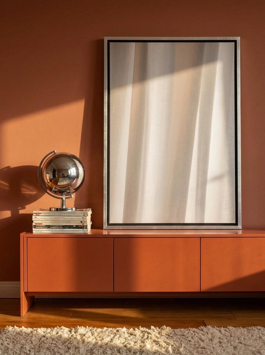 Canvas wall art with a silver leaf surround standing on a sideboard in a retro 70s home office