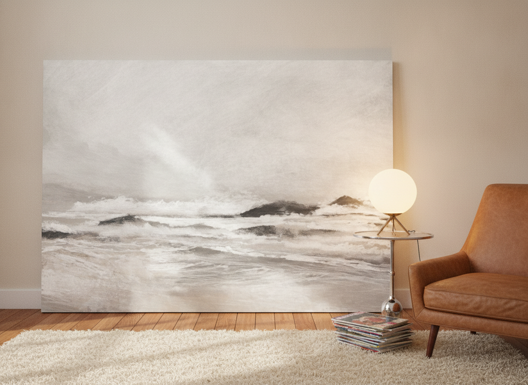 Stretched canvas wall art leaning against the wall in a retro 70s bedroom