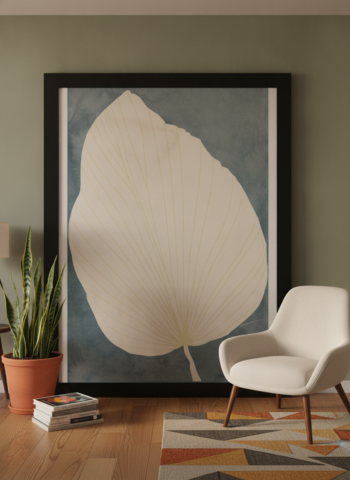 Oversized statement modern wall art print leaning against the wall in a mid-century dining room