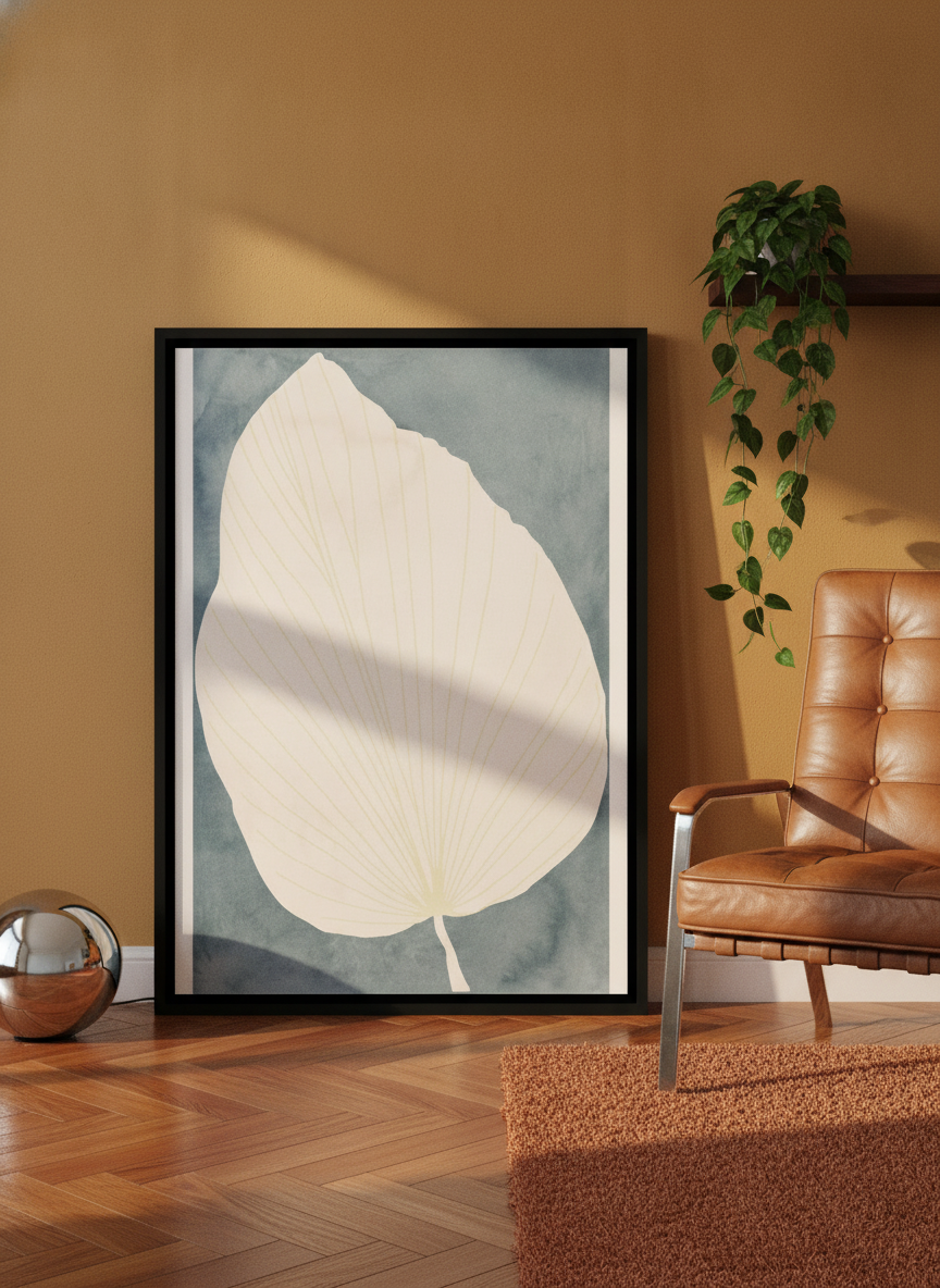 Canvas wall art with a black surround leaning against the wall in a retro 70s home office