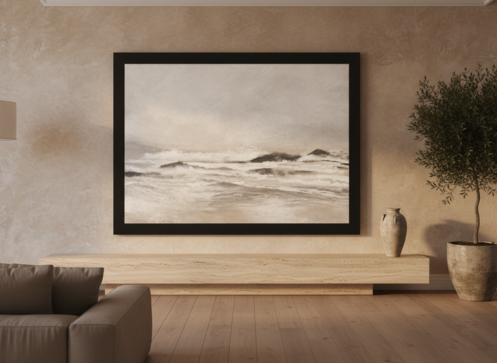 Oversized statement modern wall art print styled on the wall in a luxe living room