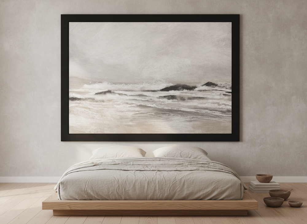 Oversized statement modern wall art print styled on the wall in a warm Japandi bedroom