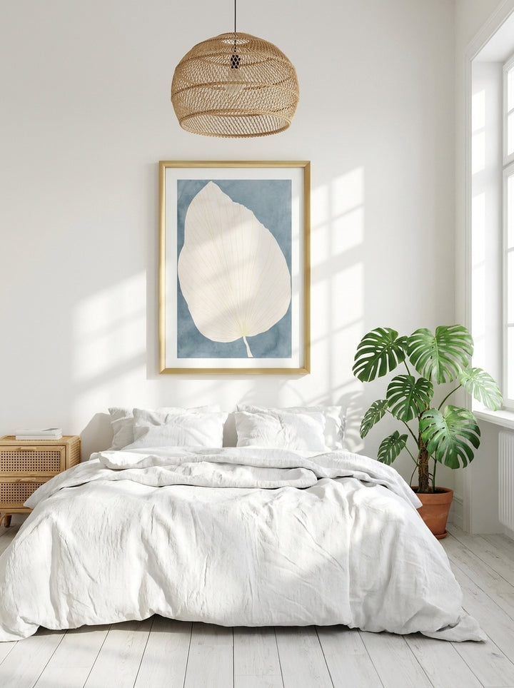 Modern wall art print styled on the wall in a bright Scandinavian bedroom