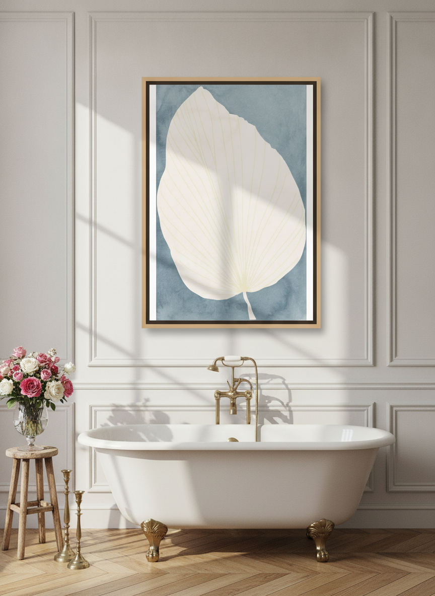 Canvas wall art with a natural timber surround styled on the wall in a Parisian bathroom