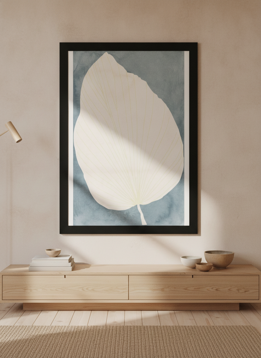 Oversized statement modern wall art print styled on the wall in a warm Japandi living room