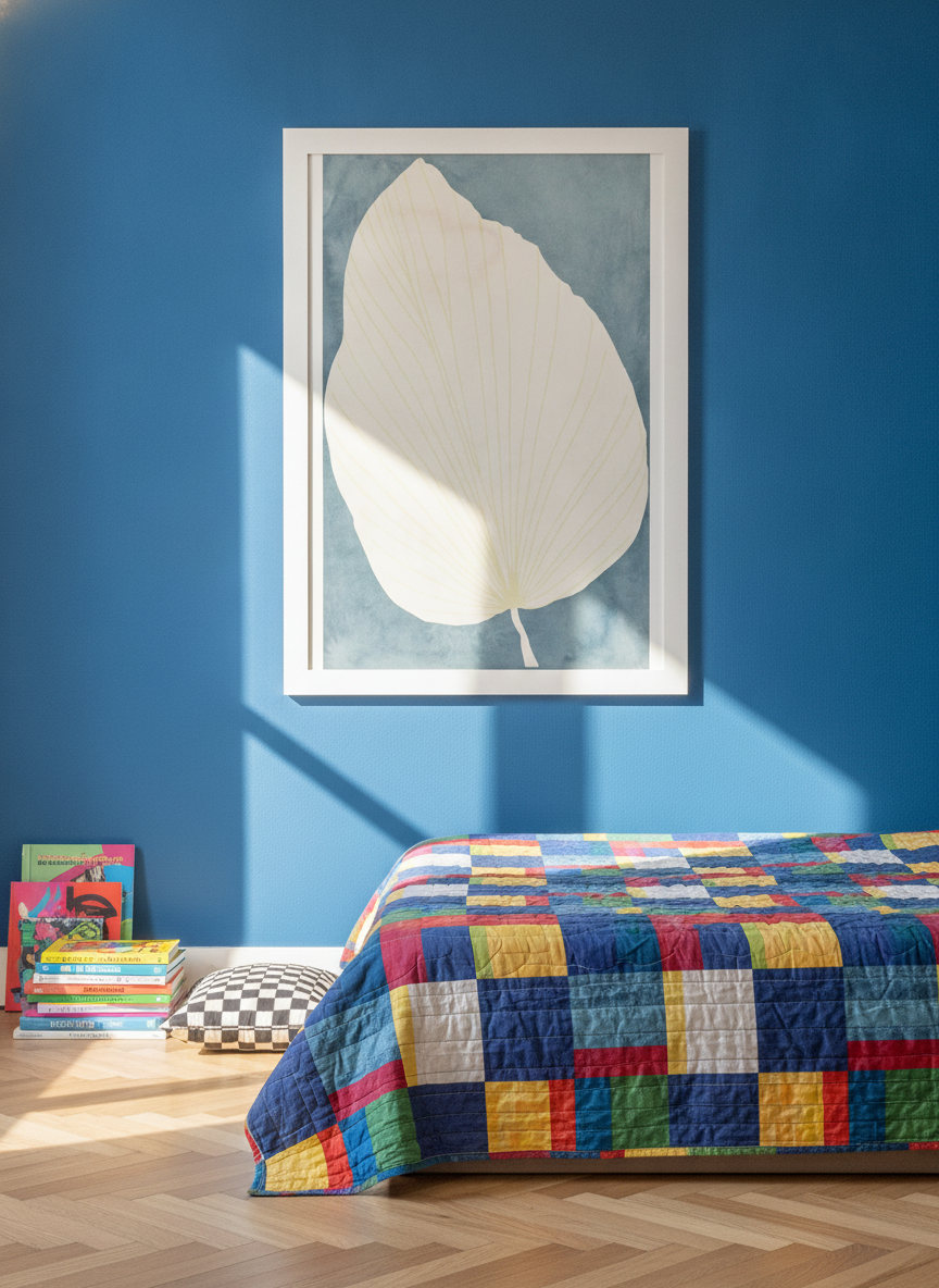 Modern wall art print styled on the wall in a colourful eclectic bedroom