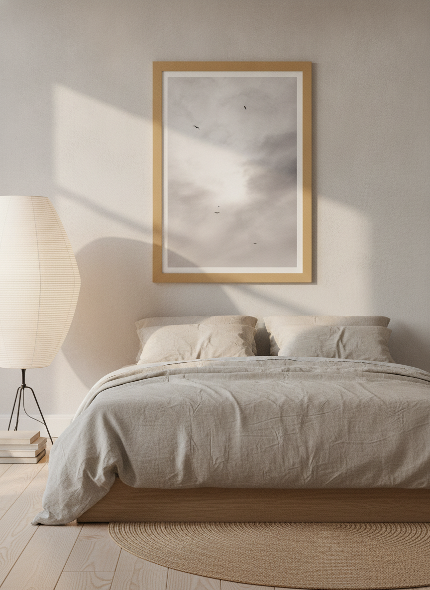 Modern wall art print styled on the wall in a warm Japandi bedroom