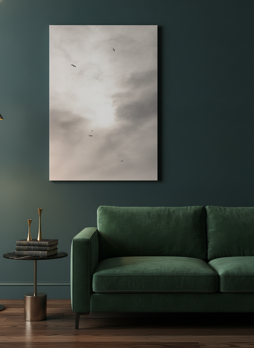 Stretched canvas wall art styled on the wall in a moody living room
