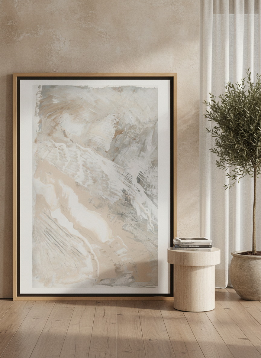 Oversized statement canvas wall art with a natural timber surround leaning against the wall in a luxe bedroom