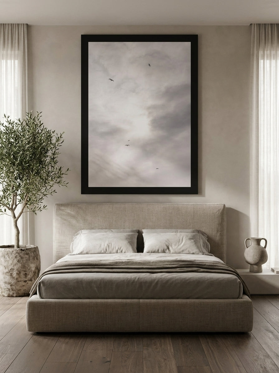 Oversized statement modern wall art print styled on the wall in a luxe bedroom