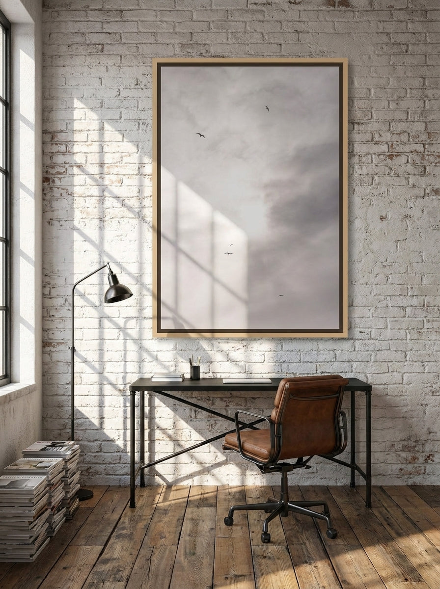 Canvas wall art with a natural timber surround styled on the wall in an industrial loft home office