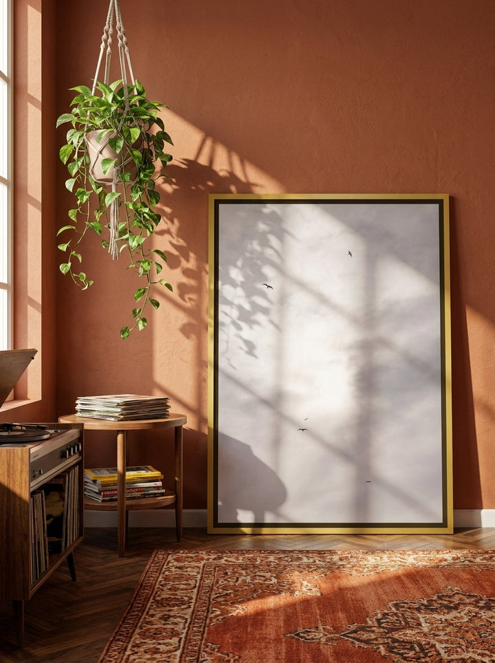 Canvas wall art with a gold leaf surround leaning against the wall in a retro 70s bedroom