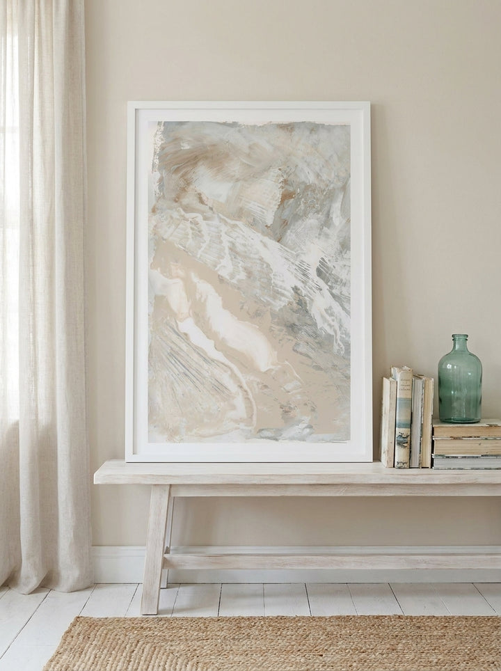Modern wall art print standing on a console in a coastal home office