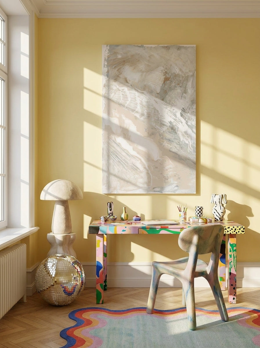 Stretched canvas wall art styled on the wall in a colourful eclectic home office